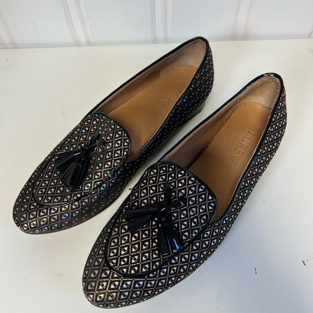 J. Crew Black and Gold Geometric Loafers Size 6 Holiday Formal Casual - Picture 2 of 8